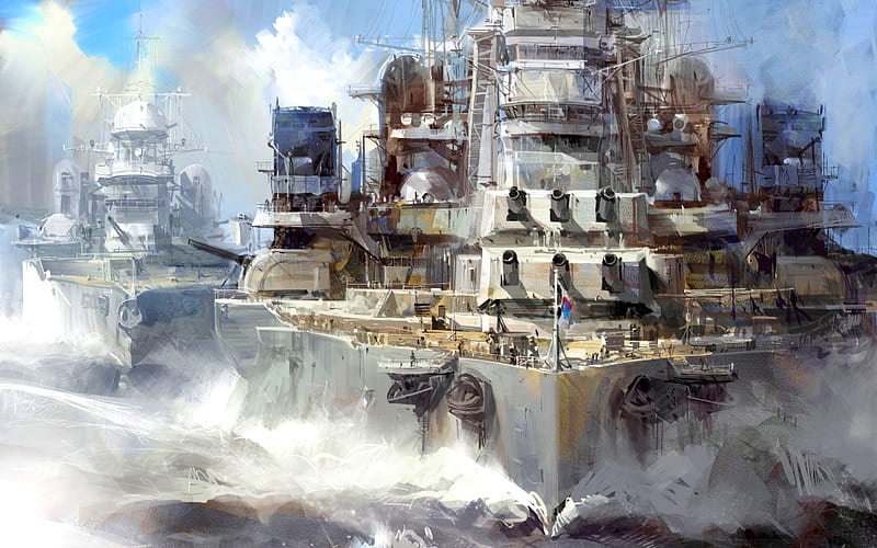 battleships, guns, nave, battleship, ocean, HD wallpaper