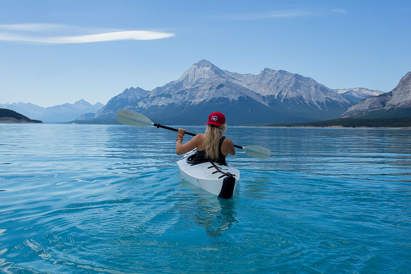 kayak, boat, girl, oars, water, mountains, HD wallpaper