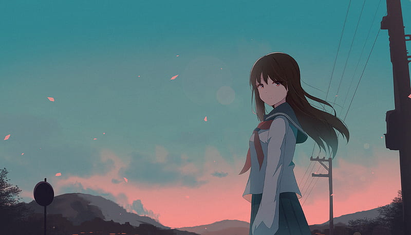 Anime, Original, Black Hair, Girl, Long Hair, Sky, Uniform, HD wallpaper