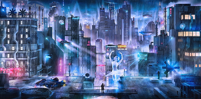 Blade Runner Cyberpunk city, fantasy, city, ballerina, blade runner, cyberpunk, pink, blue, alex feliksovich, luminos, buildings, HD wallpaper