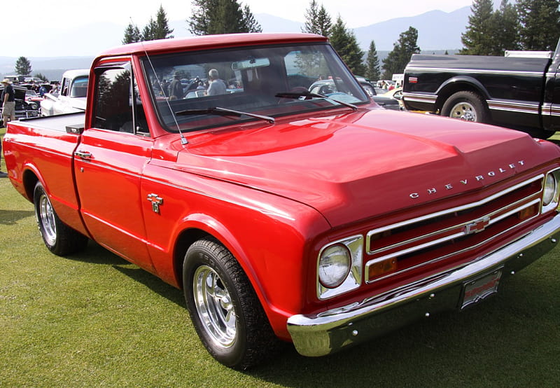 1967 Chevrolet C10 truck, red, graphy, headlights, chevrolet, black, tires, truck, HD wallpaper