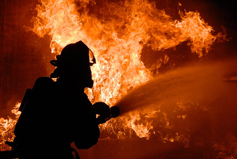Fire Fighting, fire, water, flames, firefighter, rescue, hero, silhouette, HD wallpaper