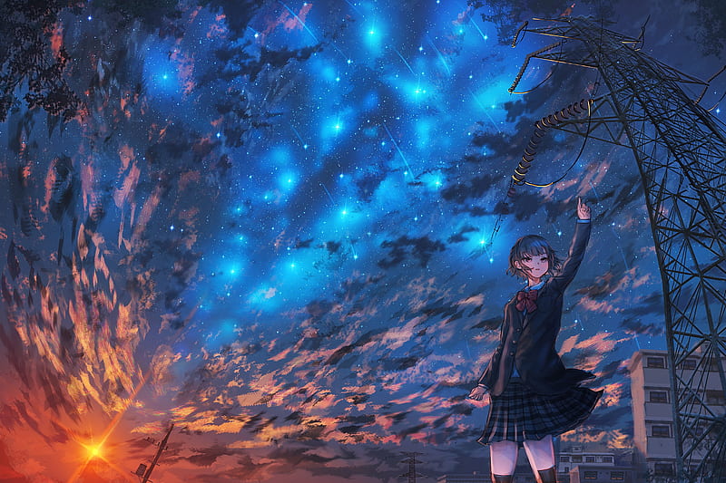 Anime landscape, sunset, sky, scenery, falling stars, anime school girl,  Anime, HD wallpaper | Peakpx
