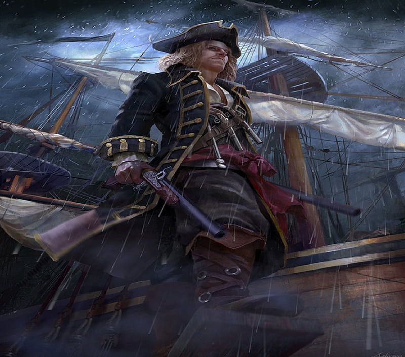 Pirate Hunter, guns, fantasy, ship, man, sword, HD wallpaper
