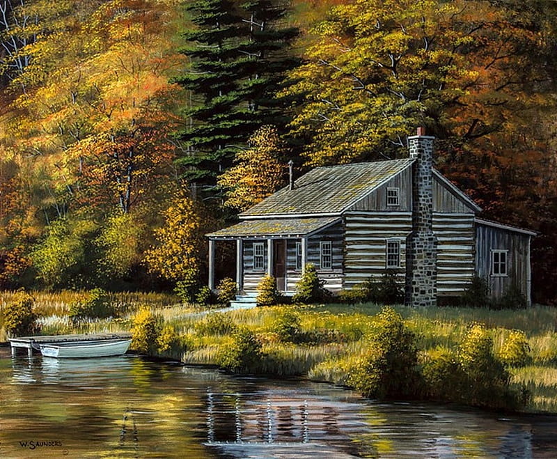 Cabin in the Woods, boat, painting, path, nature, river, trees, artwork, HD wallpaper