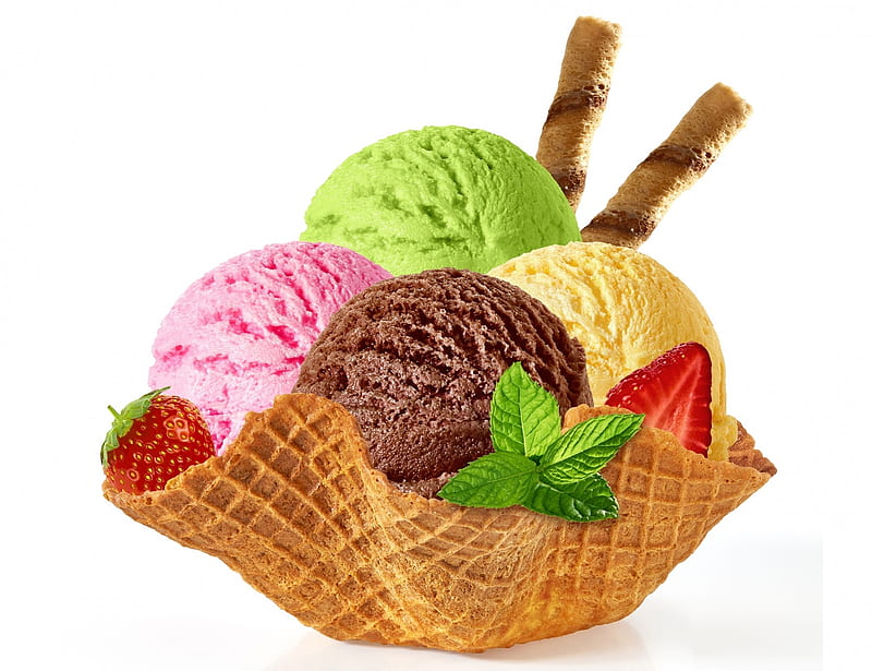 Ice-cream, Cream, Wafer, Balls, Strawberry, Sweet, HD wallpaper