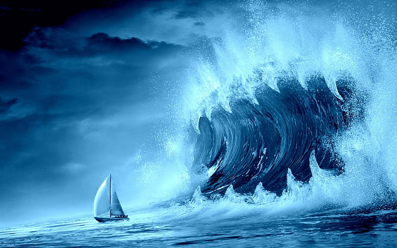 Storm, 0cean, boat, big, waves, blue, HD wallpaper