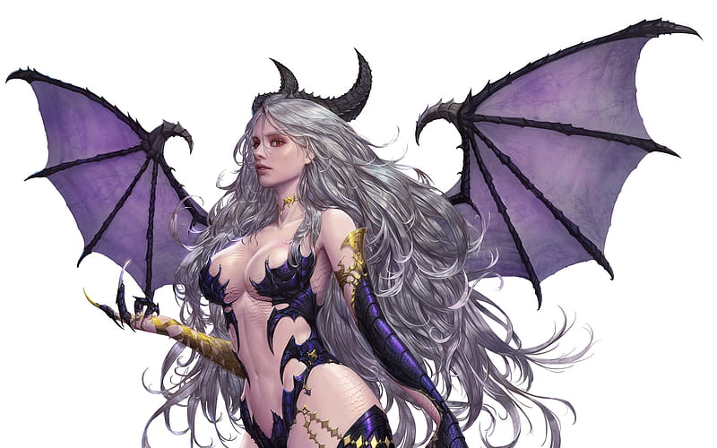 Demoness, girl, purple, muel kim, bat, white, wings, horns, succubus, fantasy, demon, HD wallpaper