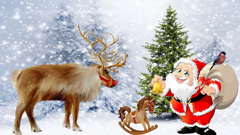 North POle, reindeer, Christmas, St Nicholas, snow, rocking horse, winter, Santa Claus, Feliz Navidad, Saint Nick, trees, forest, HD wallpaper