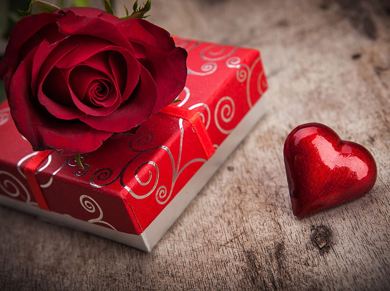 Happy Valentine's Day!, red, rose, heart, flower, box, valentine, gift, wood, HD wallpaper