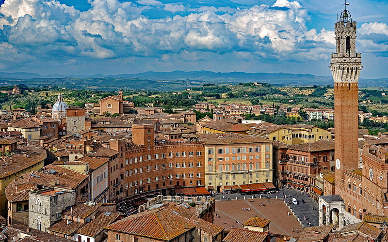 Torre del Mangia, Piazza del Campo, italian cities, R, Siena, Tuscany, Europe, italian landmarks, HD wallpaper