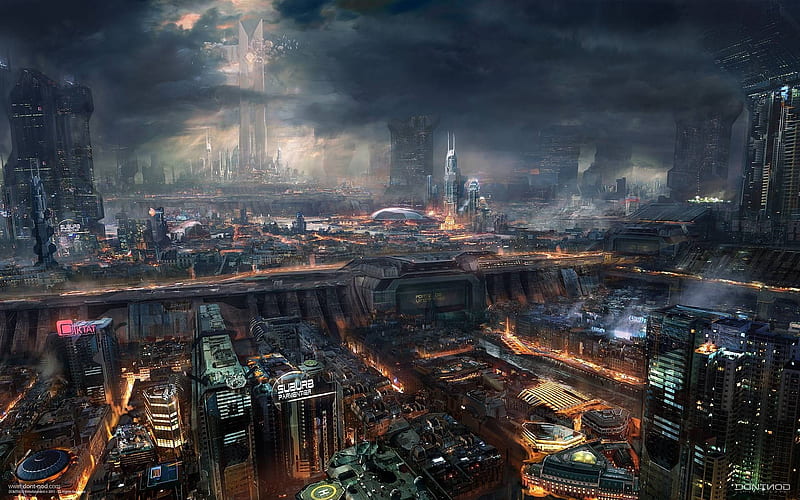 futuristic city, cyberpunk, skyscrapers, dark, industrial, towers, Sci-fi, HD wallpaper