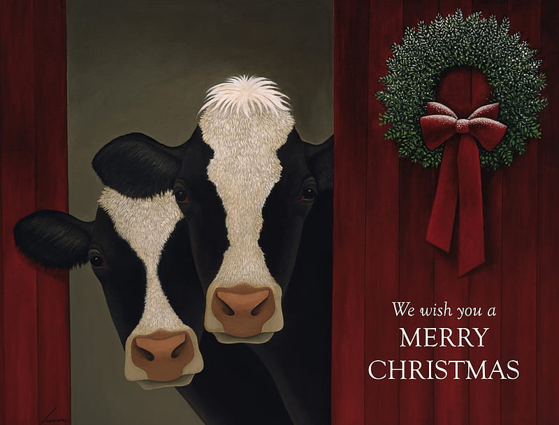 Merry Christmas!, red, cow, craciun, christmas, couple, card, HD wallpaper