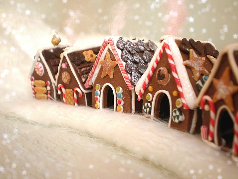 Gingerbread Village, stars, candy, house, christmas, glitter, houses, winter, sweet, gingerbread, snow, HD wallpaper