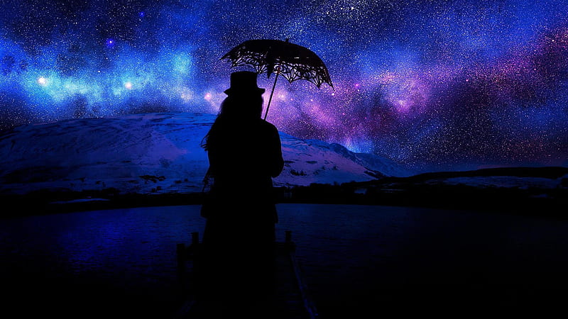 :), stars, umbrella, black, sky, silhouette, hat, girl, blue, night, HD wallpaper