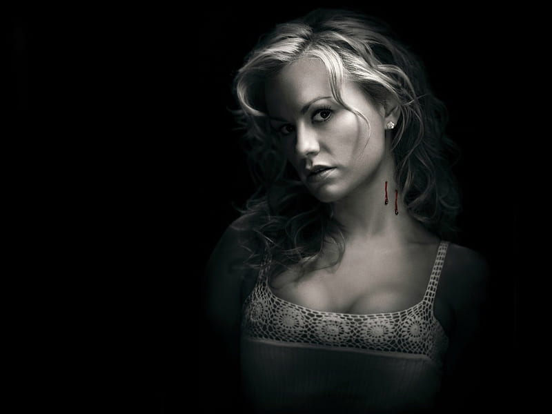 Anna Paquin as Sookie Stackhouse, Anna Paquin, Sookie Stackhouse, black, blonde, woman, True Blood, fantasy, girl, actress, tv series, white, HD wallpaper