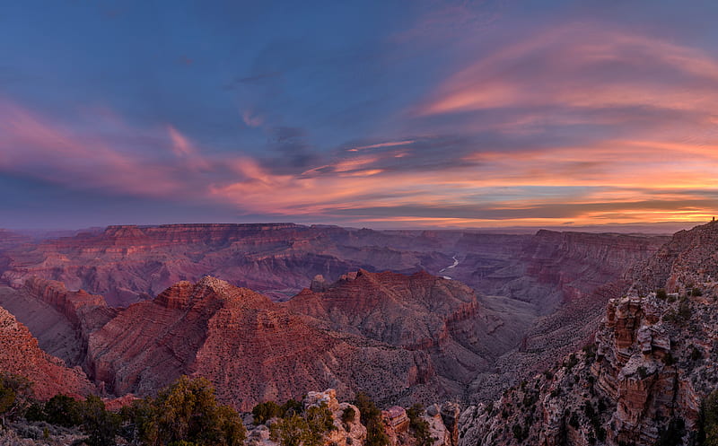 Navajo Point View of the South Rim of the... Ultra, United States, Arizona, Sunrise, View, Desert, Pink, Light, National, Park, Grand, South, Clouds, Canyon, Navajo, Point, Soft, panorama, unitedstates, coconino, pano, softlight, pinkclouds, GrandCanyon, southrim, desertviewwatchtower, grandcanyonnationalpark, navajopoint, watchtower, HD wallpaper