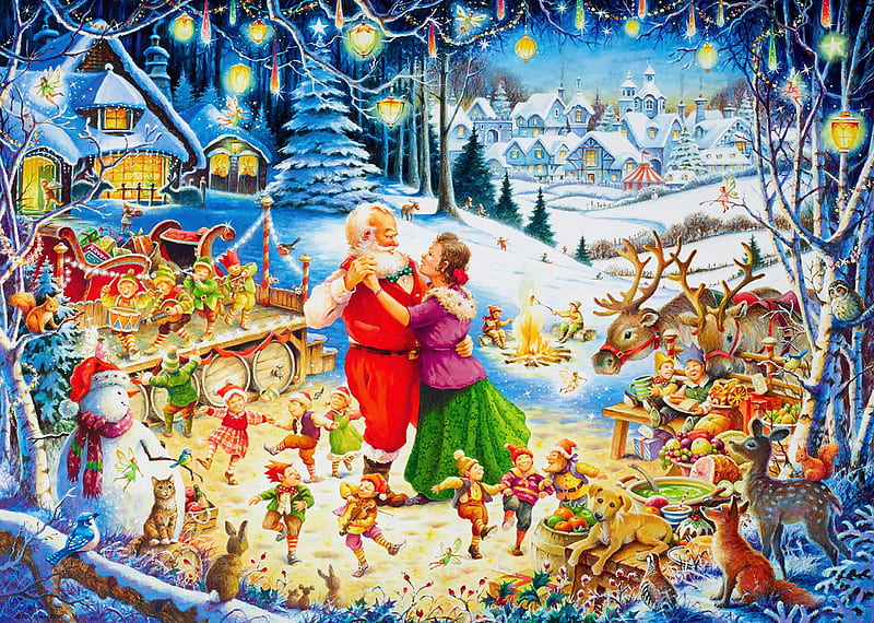 Santa's party, art, jpy, christmas, holiday, children, fun, dancing, snowman, Santa, winter, dwarfs, snow, party, village, kids, HD wallpaper