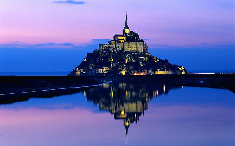 Mont Saint Michel,France, water, france, reflection, lake, lights, landscape, HD wallpaper