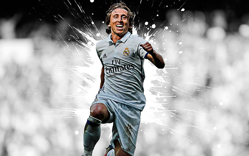 Luka Modric art, Real Madrid, midfielder, Croatian football player, white splashes of paint, grunge art, La Liga, Spain, football, HD wallpaper