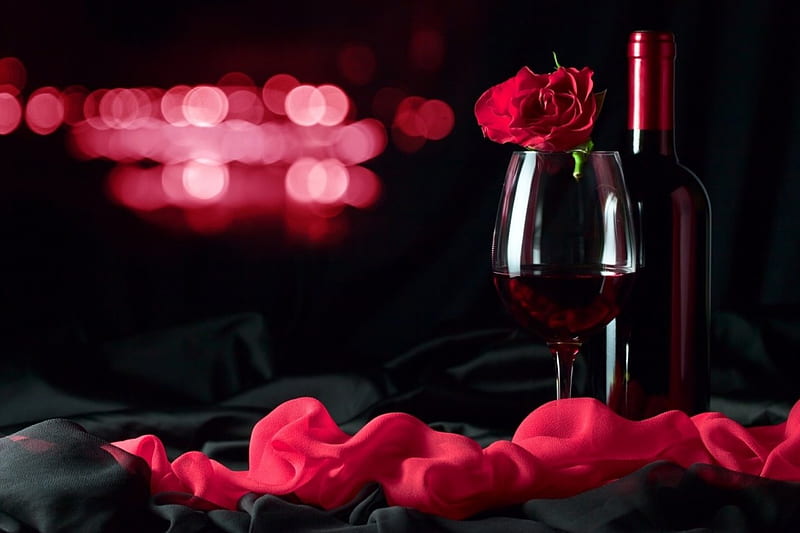 Rose & Wine, roses, food, wine, bottle, HD wallpaper