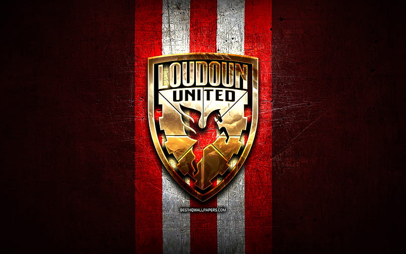 Loudoun United FC, golden logo, USL, red metal background, american soccer club, United Soccer League, Loudoun United FC logo, soccer, USA, HD wallpaper