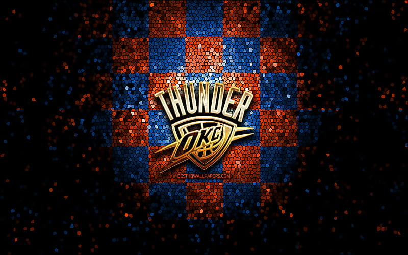 Oklahoma City Thunder, glitter logo, NBA, orange blue checkered background, USA, american basketball team, Oklahoma City Thunder logo, OKC logo, mosaic art, basketball, OKC, HD wallpaper