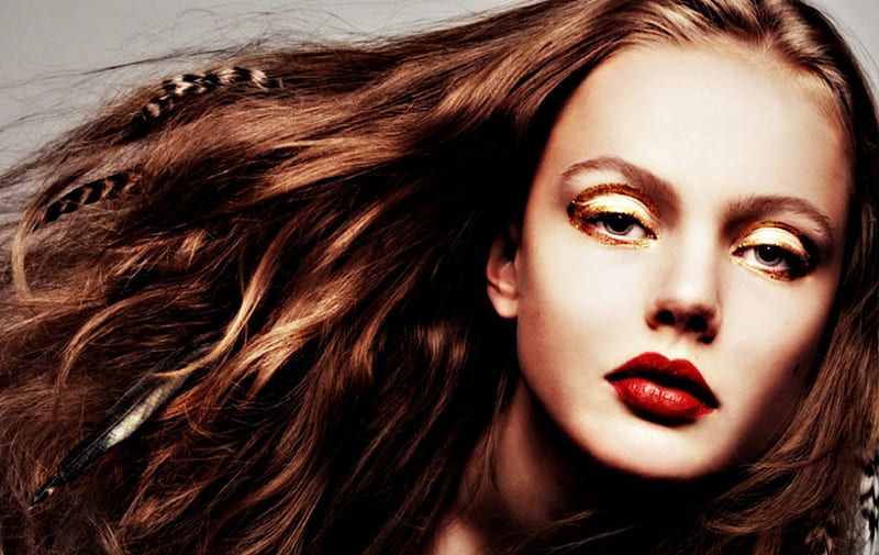 Frida Gustavsson, red, girl, model, redhead, feather, make-up, woman, HD wallpaper