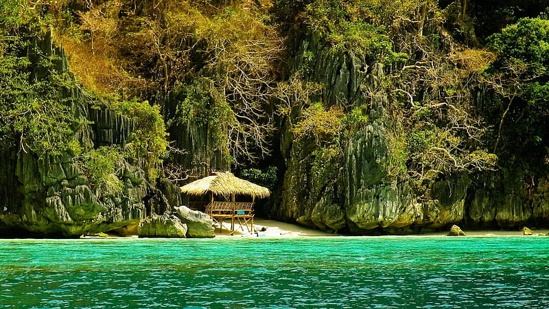 hidden cove in palawan philippines, beach, hut, cove, green sea, jungle, HD wallpaper