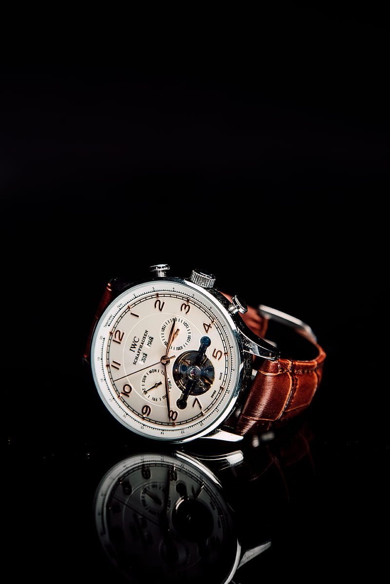 round silver-colored chronograph watch with brown leather strap, HD phone wallpaper