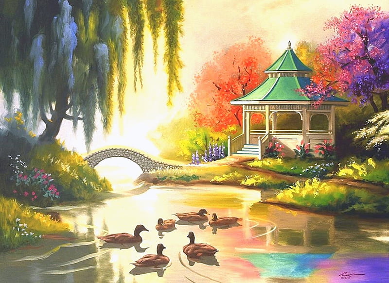 Gazebo in the Garden, lovely, bridges, colors, love four seasons, ducks, bonito, spring, attractions in dreams, trees, pond, paintings, flowers, garden, nature, gazebo, animals, HD wallpaper