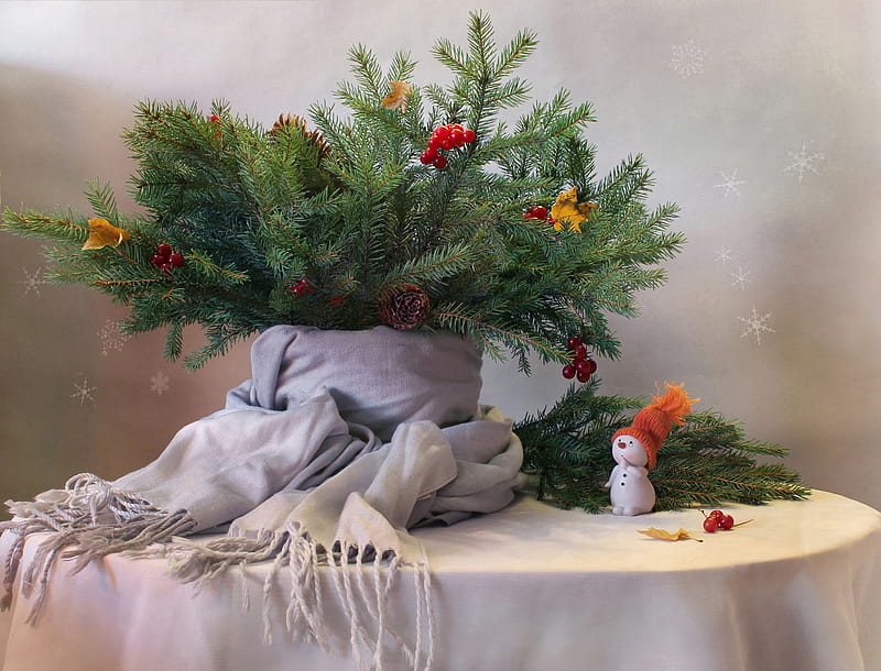 decorated table, table, cones, new year, snowman, still life, tree, leaves, berries, scarf, fir, branches, figurine, HD wallpaper