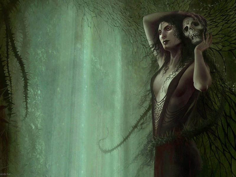 The color of death, forest, woman, mist, thorns, fantasy, green, long hair, skull, night, HD wallpaper