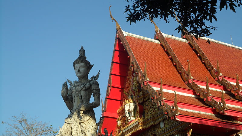 Salak Phet Temple red, roof, buddha, sky, tree, statue, oriental, temple, HD wallpaper