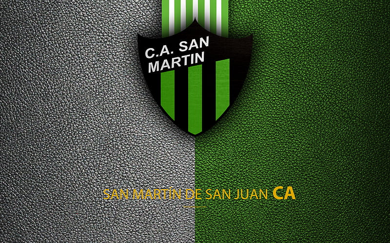 San Martín de San Juan logo, Argentina, leather texture, football, Argentinian football club, San Martín FC, emblem, Superliga, Argentina Football Championships, First Division, HD wallpaper