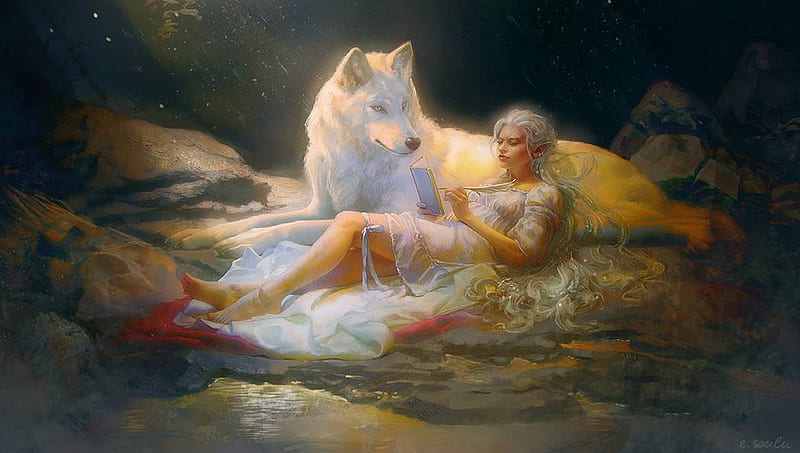 Secrets, wolf, fantasy girl, Fantasy, Elf, painting, Enchanting, HD wallpaper