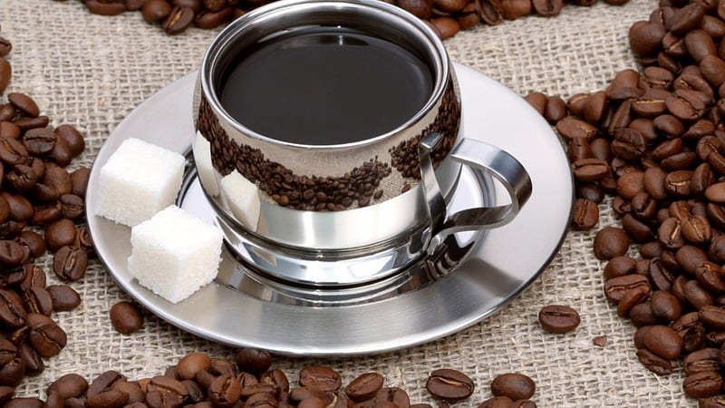 black coffee, cup, coffee, saucer, beans, HD wallpaper