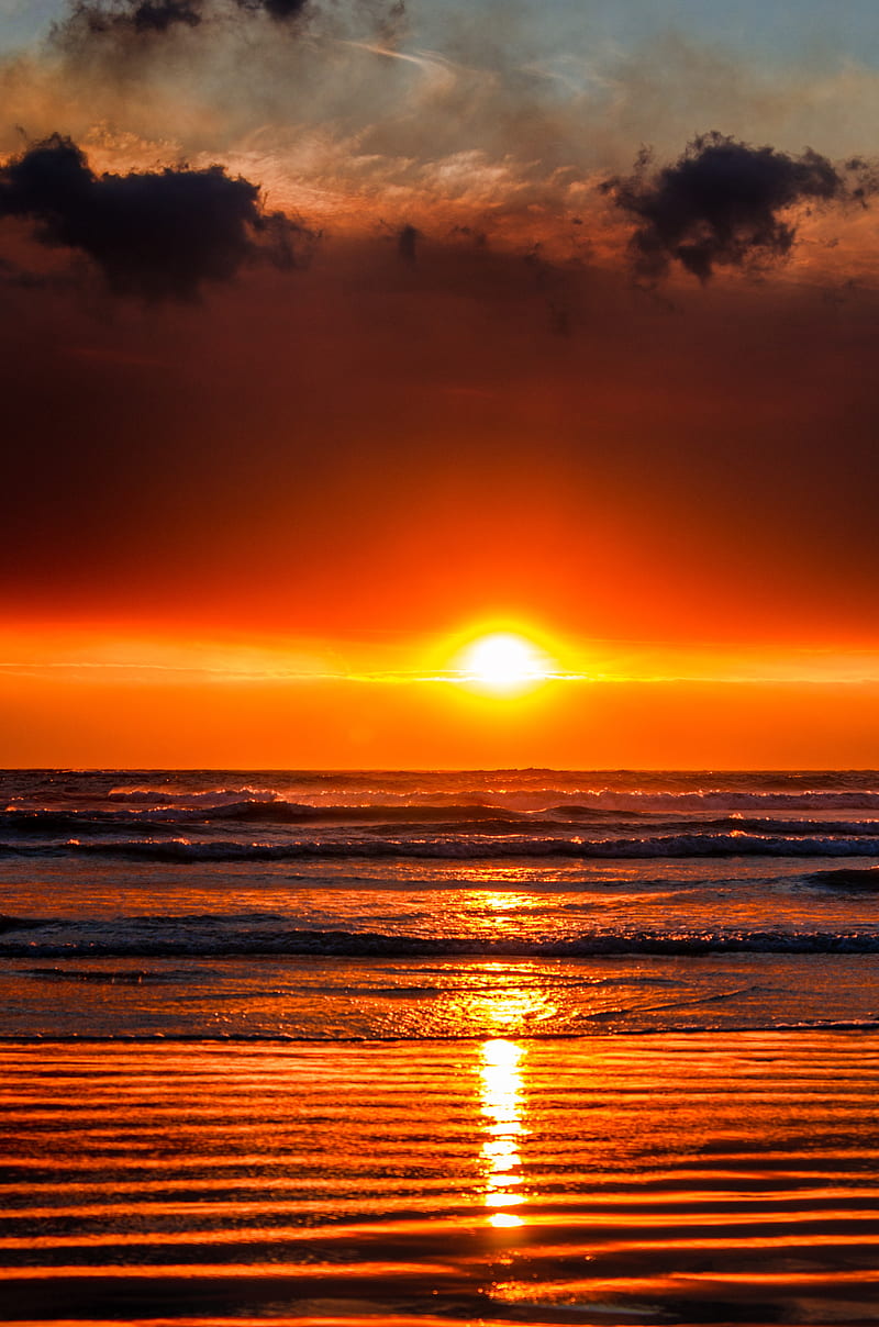 ocean, sunset, horizon, sky, waves, HD phone wallpaper