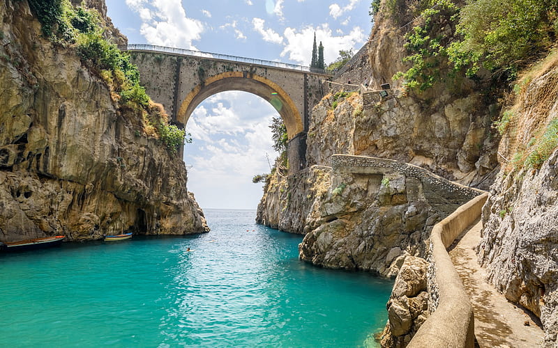 Furore Fjord, Amalfi, stone bridge, mediterranean sea, coast, rocks, Furore, Salerno, Italy, Fiordo di Furore, Amalfi Coast, HD wallpaper