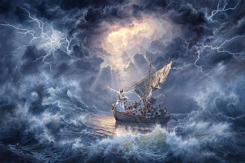 In the eye of the storm by Abraham Hunter, art, boat, painting, jesus christ, pictura, storm, sea, blue, abraham hunter, HD wallpaper