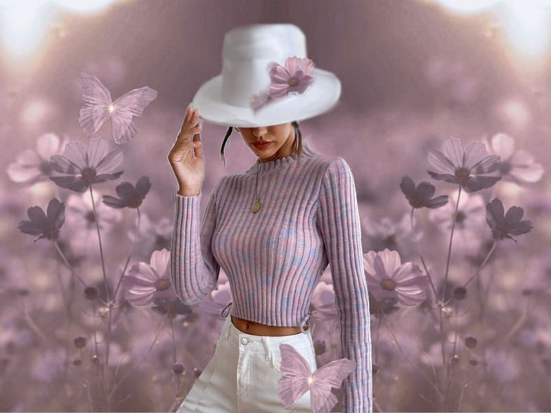Snuggly Lavendar, lavendar, pastel, butterflies, pants, flowers, girl, sweater, hat, HD wallpaper