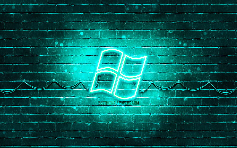Windows turquoise logo turquoise brickwall, Windows logo, brands, Windows neon logo, Windows, HD wallpaper