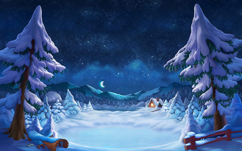 winter fairytale landscape, snow, forest, night, starry sky, hut, winter, HD wallpaper