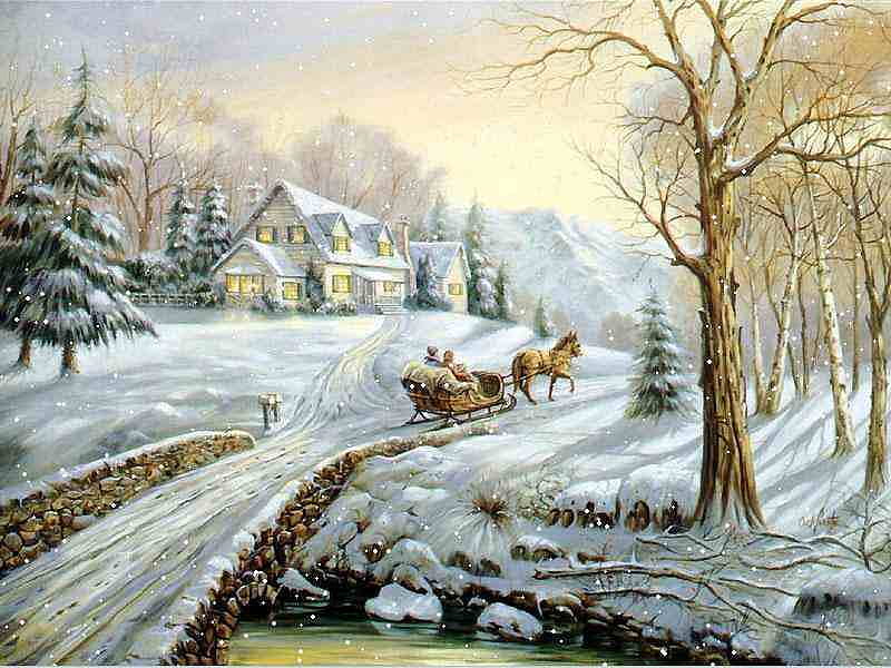 Old Time Fun, sleigh, snow covered, house, homestead, bonito, bridge ...