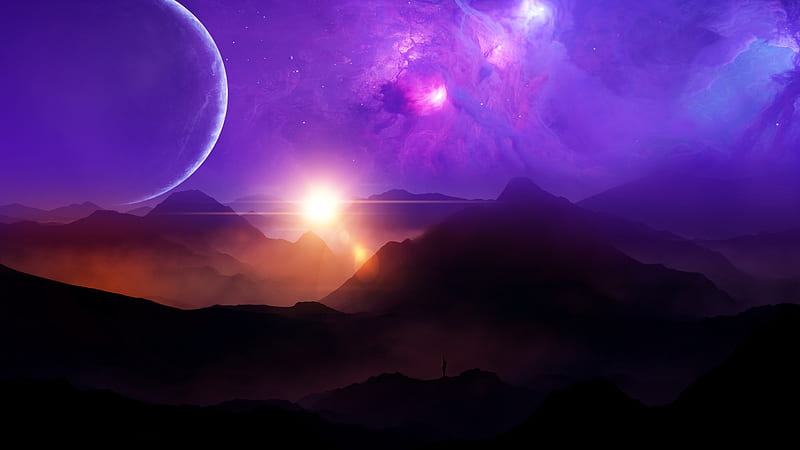Sci Fi, Landscape, Mountain, Nebula, Planet, Purple, Sunlight, Sunset, HD wallpaper