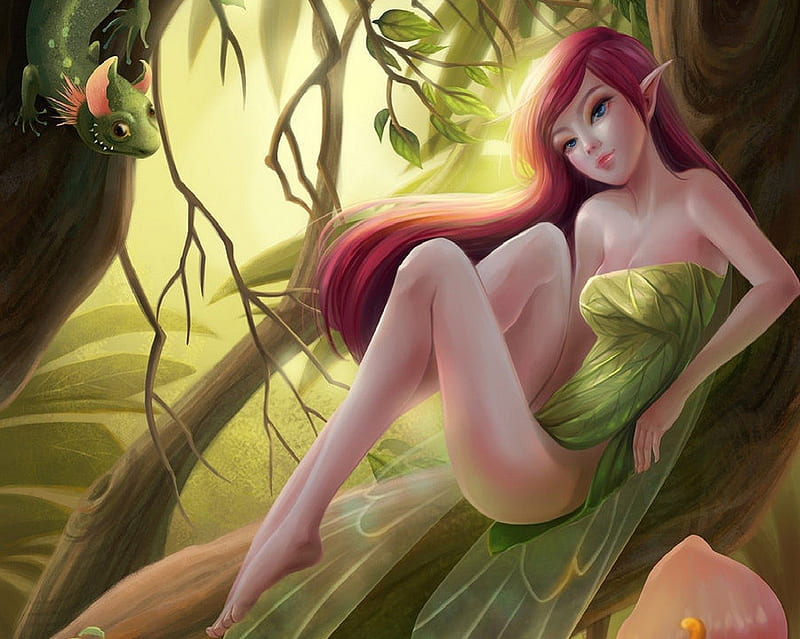 Wood Fairy, Fairy, Trees, Red Head, Leaves, Flower, HD wallpaper