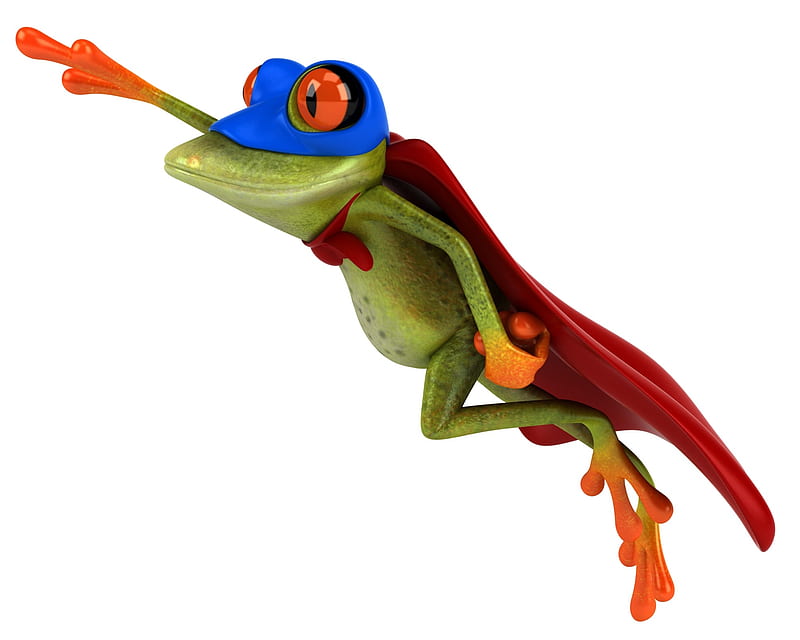 Super Frog, red, frog, orange, funny, white, blue, superman, card, HD wallpaper
