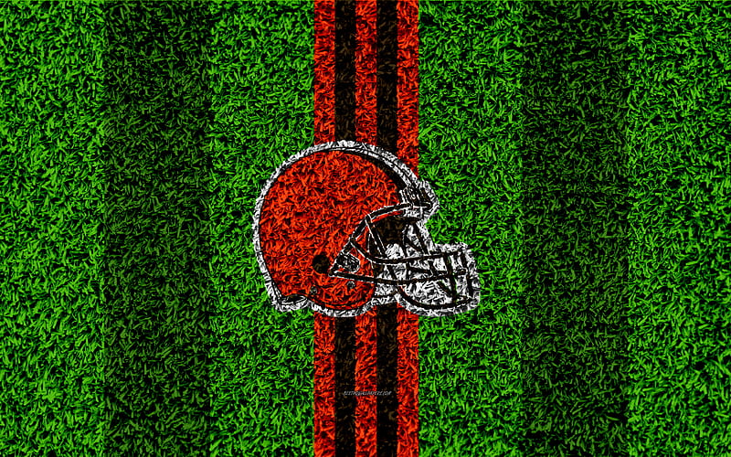Cleveland Browns, logo grass texture, emblem, football lawn, orange brown lines, National Football League, NFL, Cleveland, Ohio, USA, American football, HD wallpaper