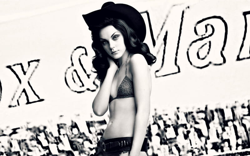 Jessica Stam, cowgirl, model, black, woman, hat, girl, white, blue, HD wallpaper