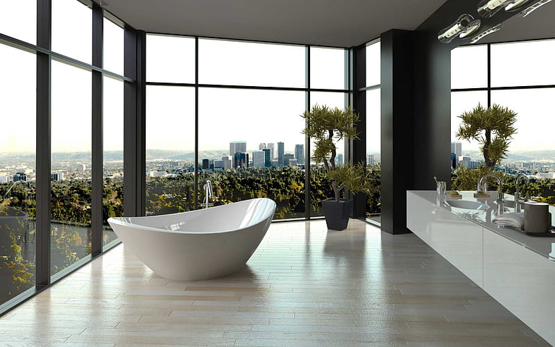 bathroom, stylish apartment, modern interior design, white marble in the bathroom, HD wallpaper